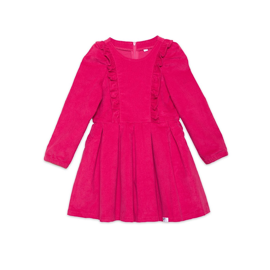 Girls long sleeve corduroy dress in red with ruffle bodice