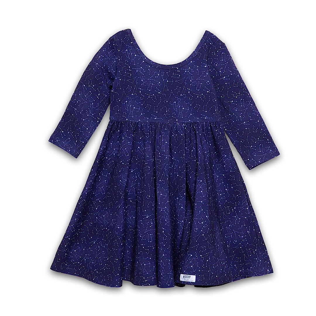Girls twirly dress in navy STEM themed print, Constellations