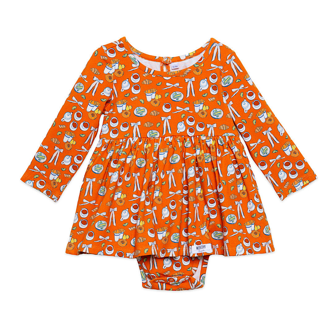 Baby bubble romper in unique coffee shop print
