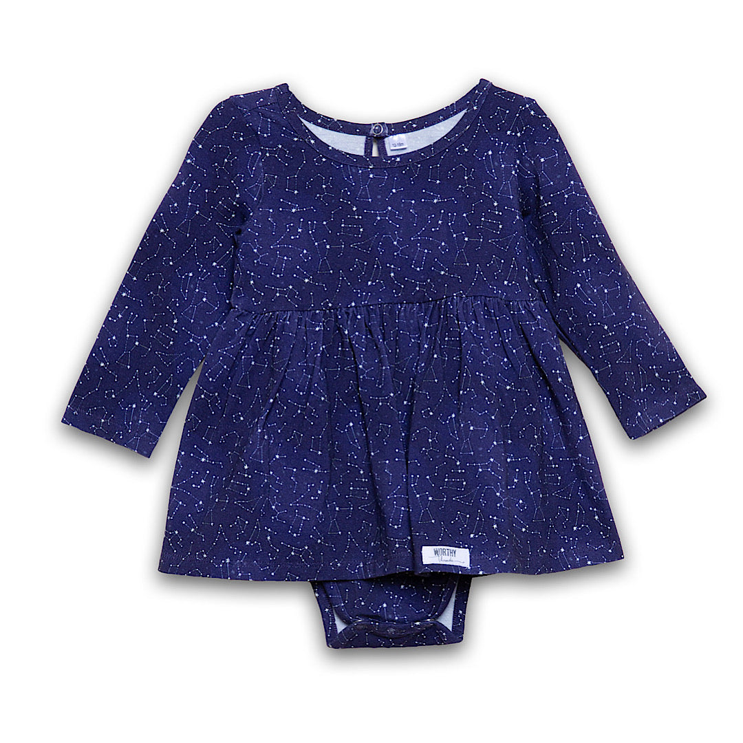 Baby bubble romper in navy blue STEM themed Constellations print
