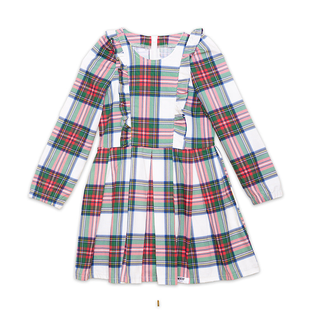 Long sleeve ruffle dress in Christmas plaid