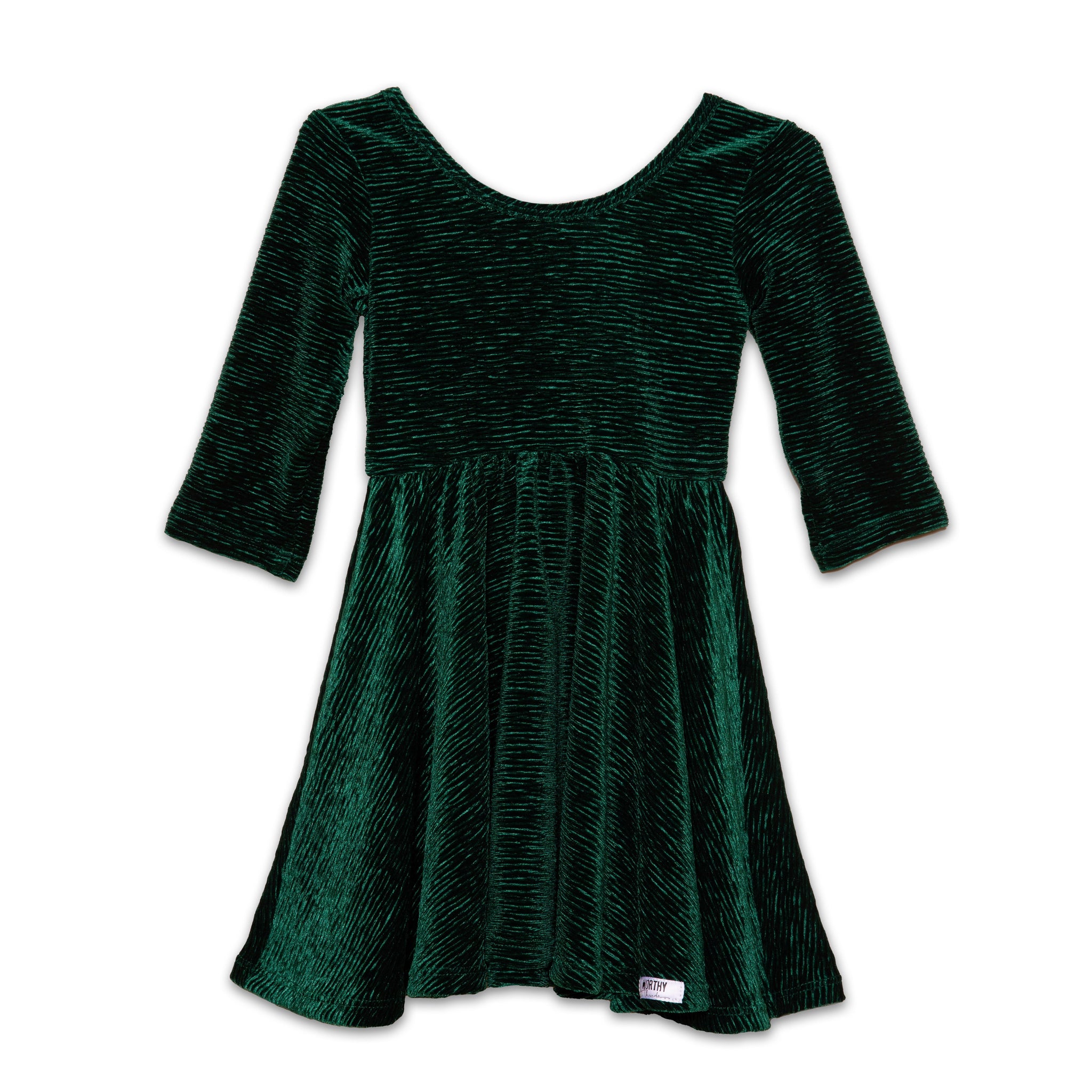 Christmas holiday twirly dress for girls in emerald green stretch velvet with texture
