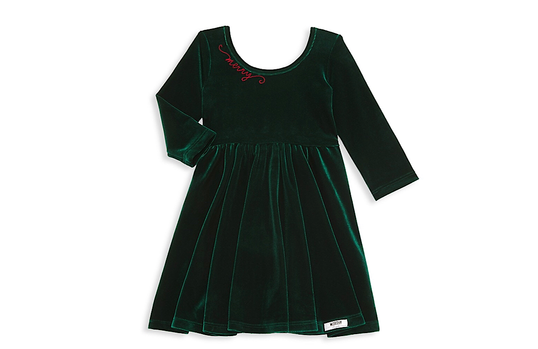Girls christmas holiday twirly dress in green velvet with embroidery at the neck